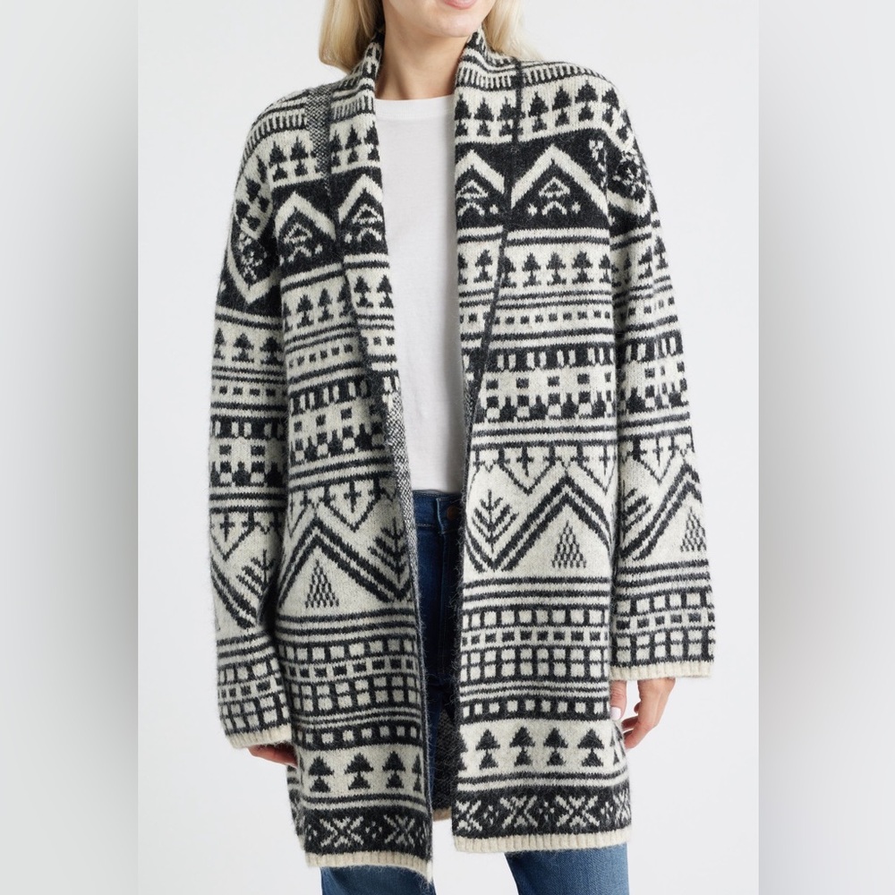 Boho Open Front Long Cardigan Black/White Sz S
